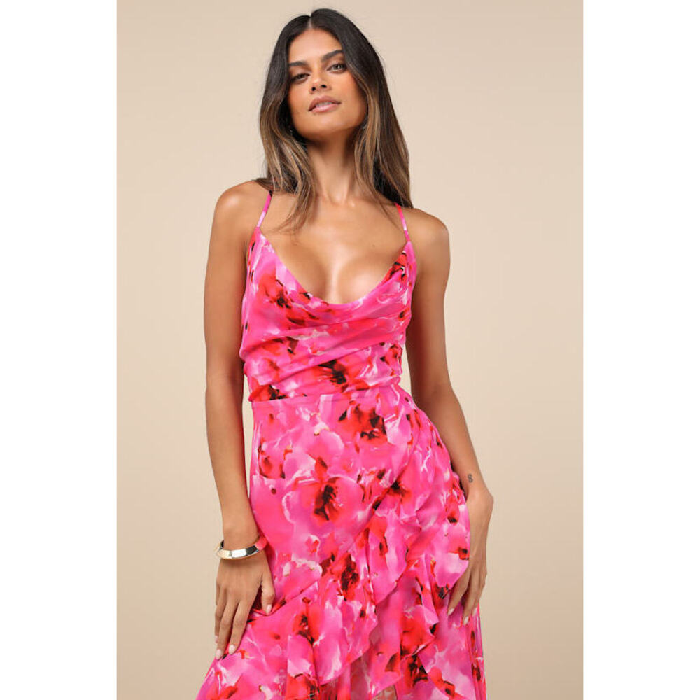 Lulus Navina Pink And Red Floral High-low Midi Dress - Size XS